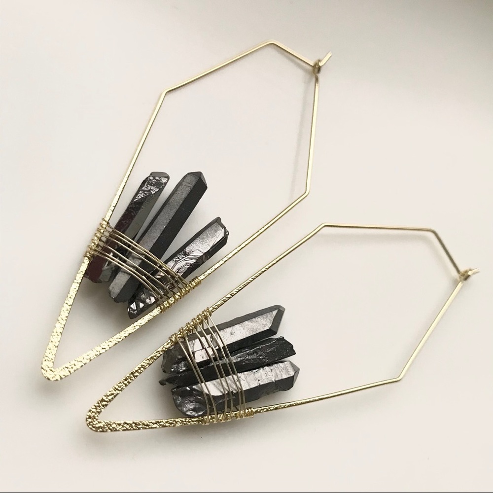 Geometric Quartz Crystal Wired Hoop Boho Earring - Picture 3 of 16